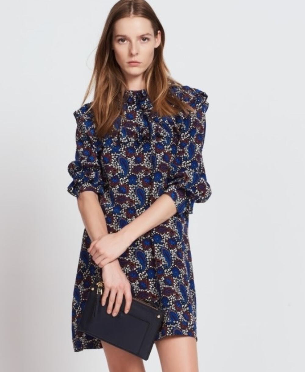 Sandro Paris Silk Paisley Mini Shift Dress in Blue Print Size 2